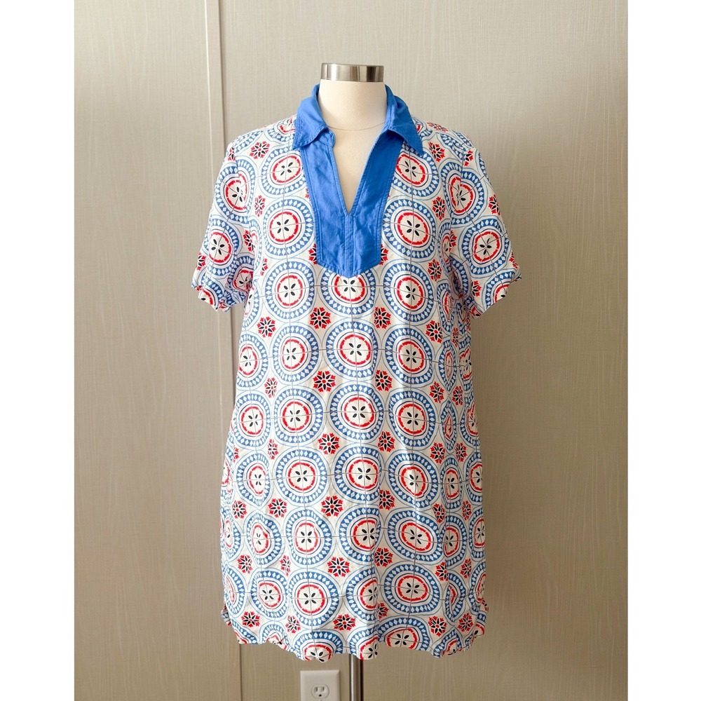 UNTUCKit Paola Dress Womens XL Linen Blend Blue Red Medallion Print Shift - Picture 3 of 9
